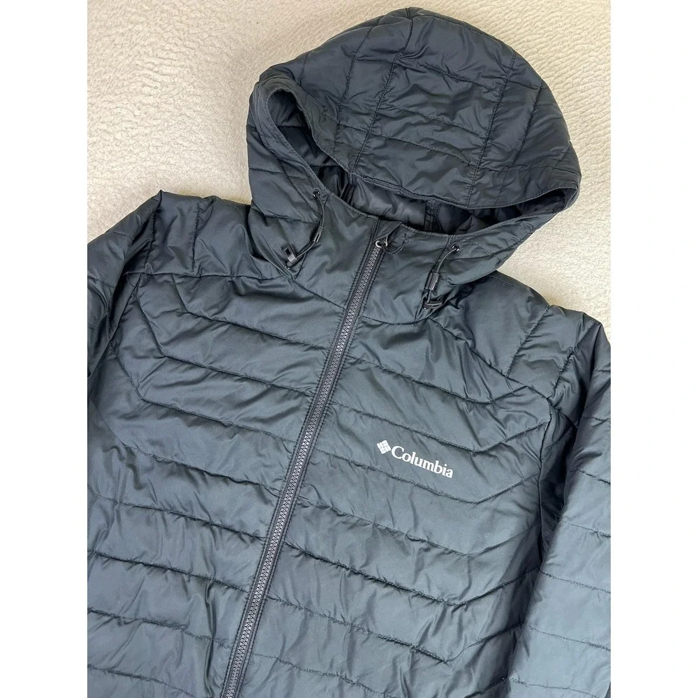 Columbia Jacket Mens Medium Black Omni-Heat White Out II Hooded Puffer Full Zip